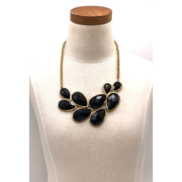 Gold Tone Chain Statement Necklace With Black Teardrop Crystal Accents - Picture 3 of 5
